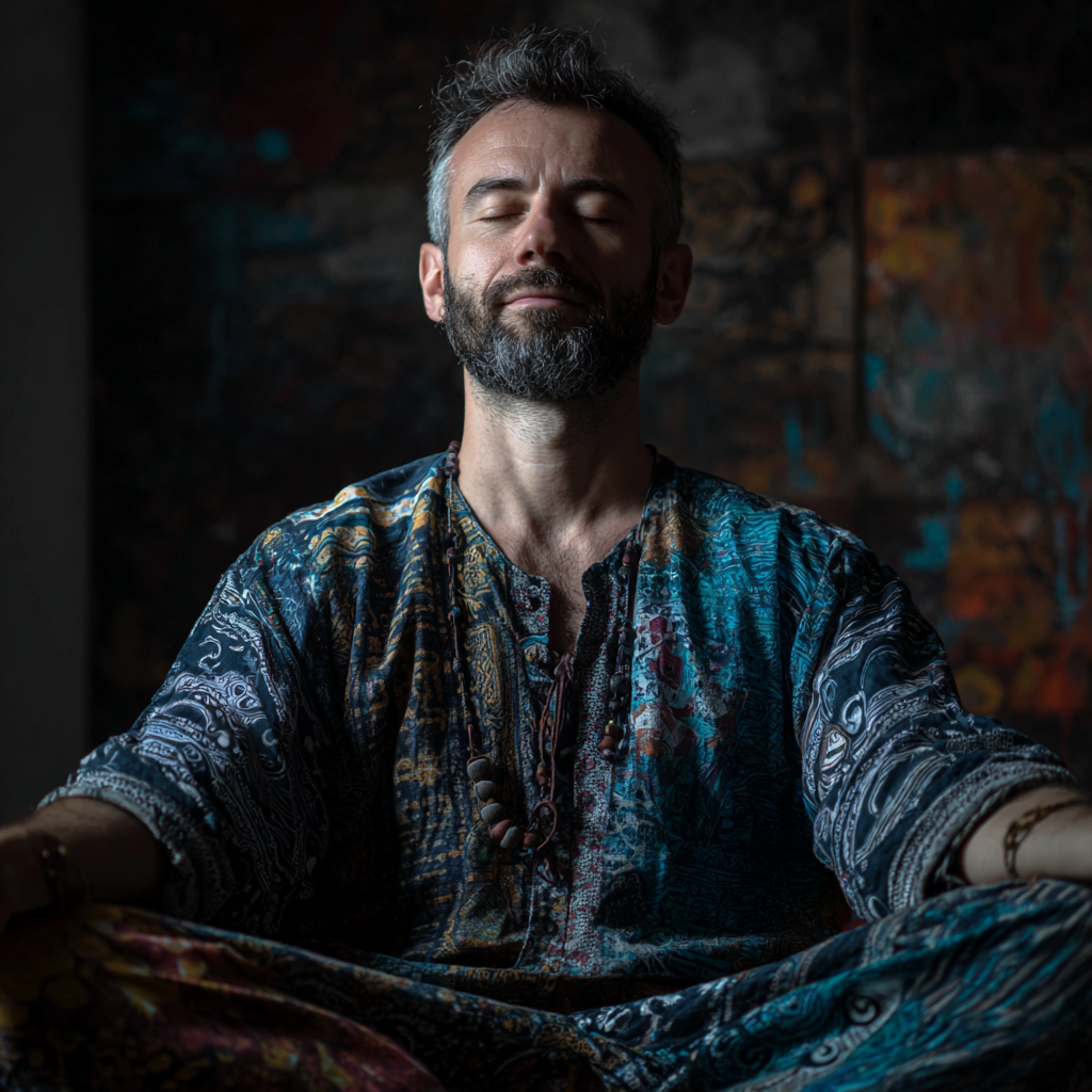 Bărbat român zâmbitor în poziție de relaxare yoga, demonstrând tehnicile pentru somn odihnitor