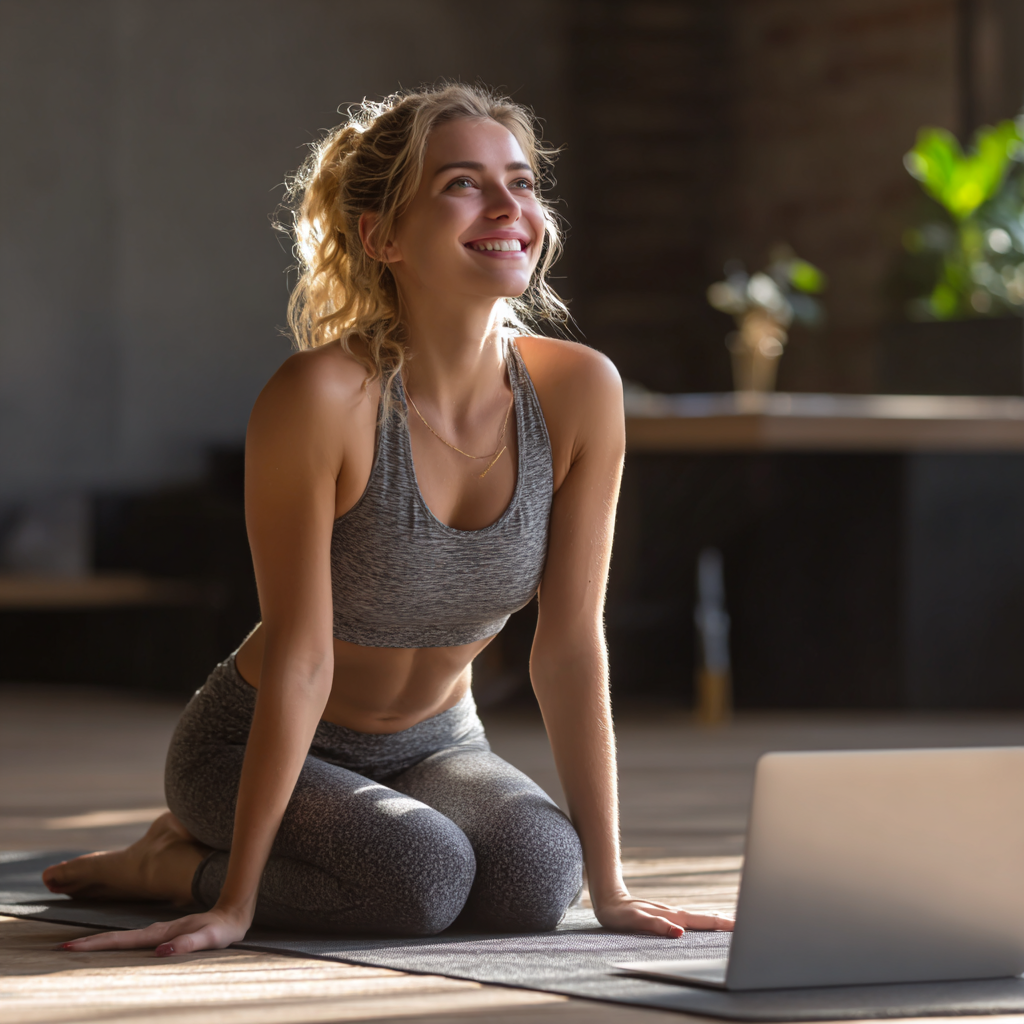 Femeie româncă zâmbitoare făcând exerciții de yoga adaptate pentru birou, demonstrând flexibilitatea și energia pozitivă